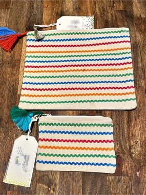 2Chic Set of 2 Striped Pouches in Cream & Multicolor NWT